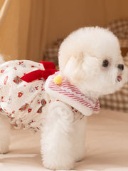 Warm Bear Print Fleece Dog Dress with Big Bow