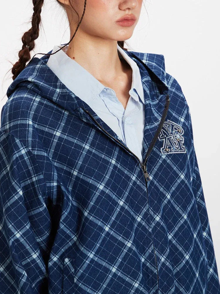 American Retro Plaid Zip-Up Hoodie Jacket - View 6 | TEVQA