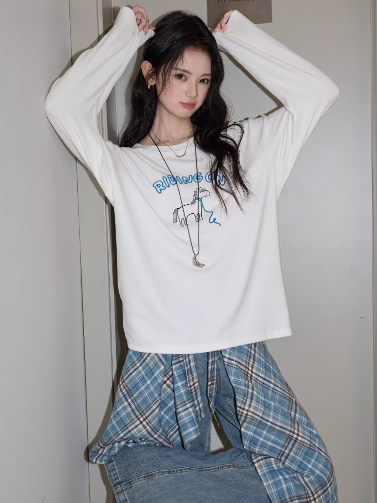 Whimsical Horse Graphic Long Sleeve Tee White