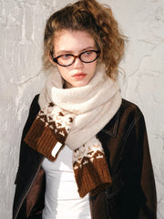 Vintage Fair Isle Wool Blend Scarf Beige Brown
