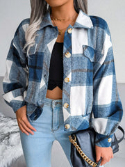 Plaid Wool Blend Lantern Sleeve Cropped Shacket