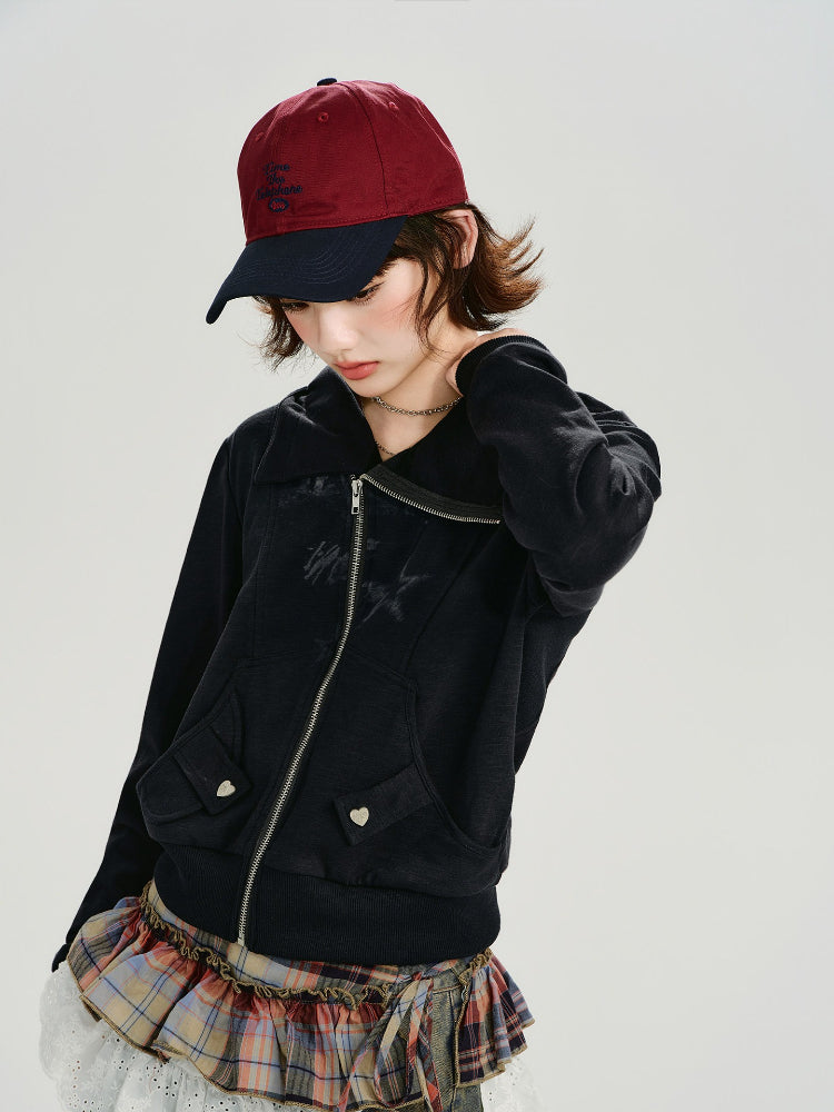Vintage Star Print Hooded Zip-Up Sweatshirt Black