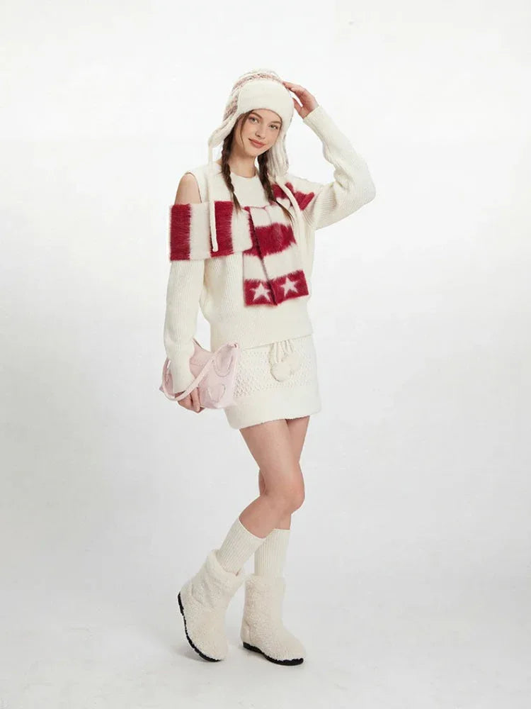Y2K Winter Coquette Cold Shoulder Sweater - TEVQA
