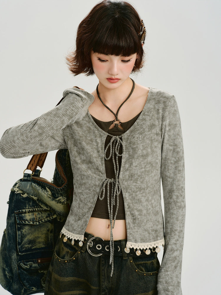 Vintage Tie-Dye Tie-Front Ribbed Cardigan Grey