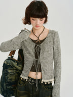 Vintage Tie-Dye Tie-Front Ribbed Cardigan Grey