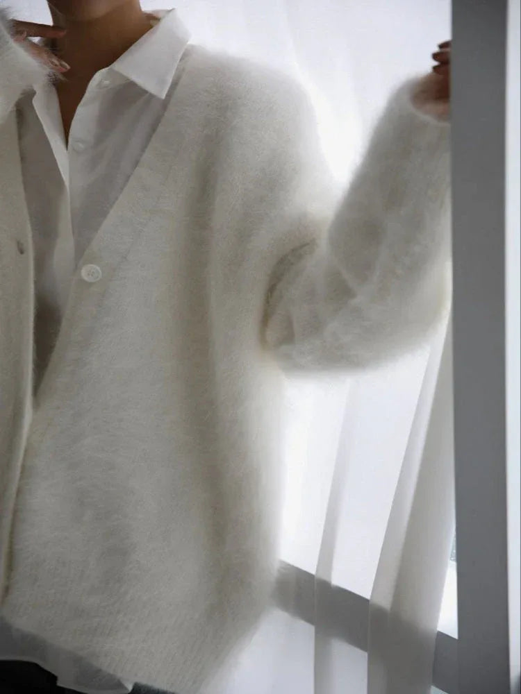 Faux Mink V-Neck Cardigan - View 9 | TEVQA