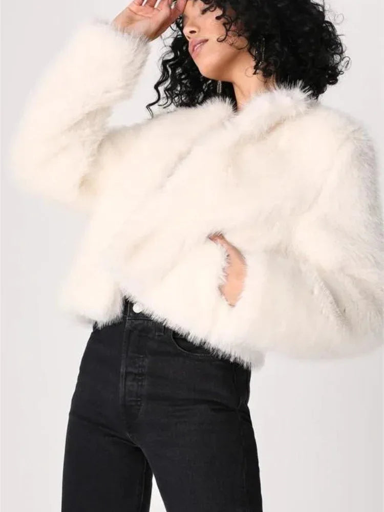 Cream Faux Fur Cropped Jacket - View 7 | TEVQA