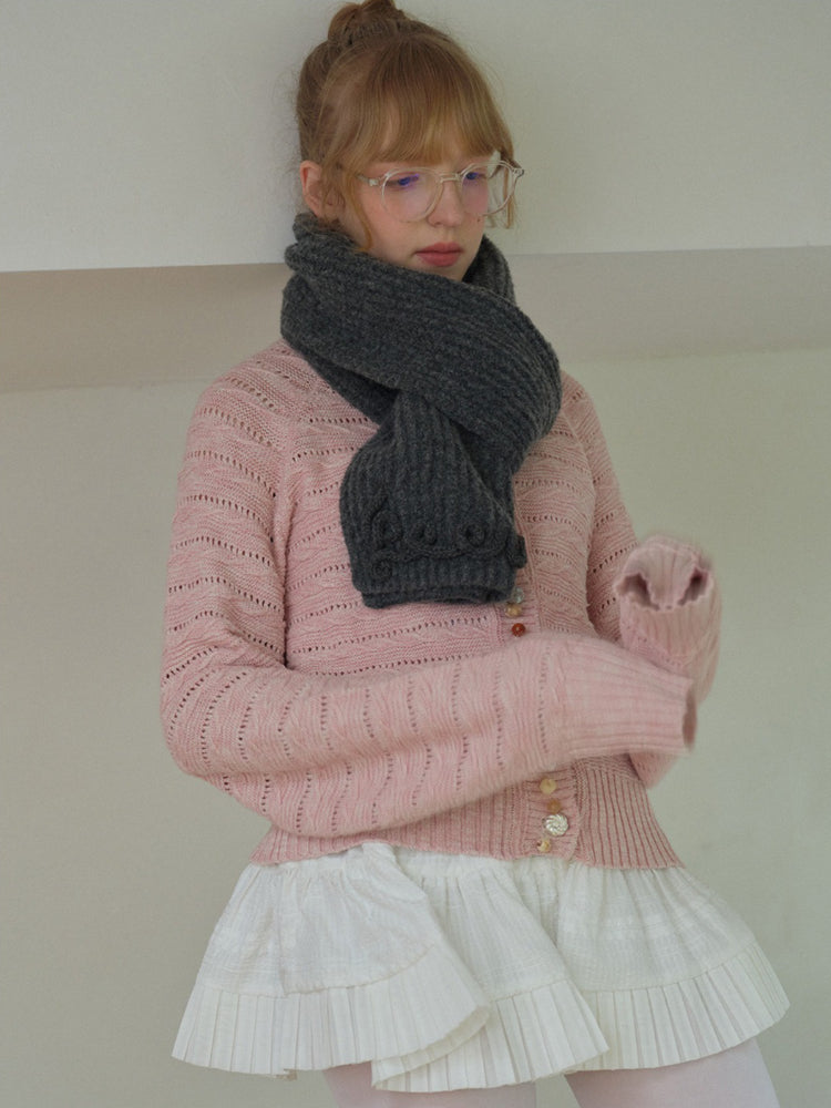 Soft Wool Blend Knitted Scarf with 3D Crochet Lettering