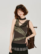 Vintage Grunge Tie-Dye Patchwork Tank Top Brown
