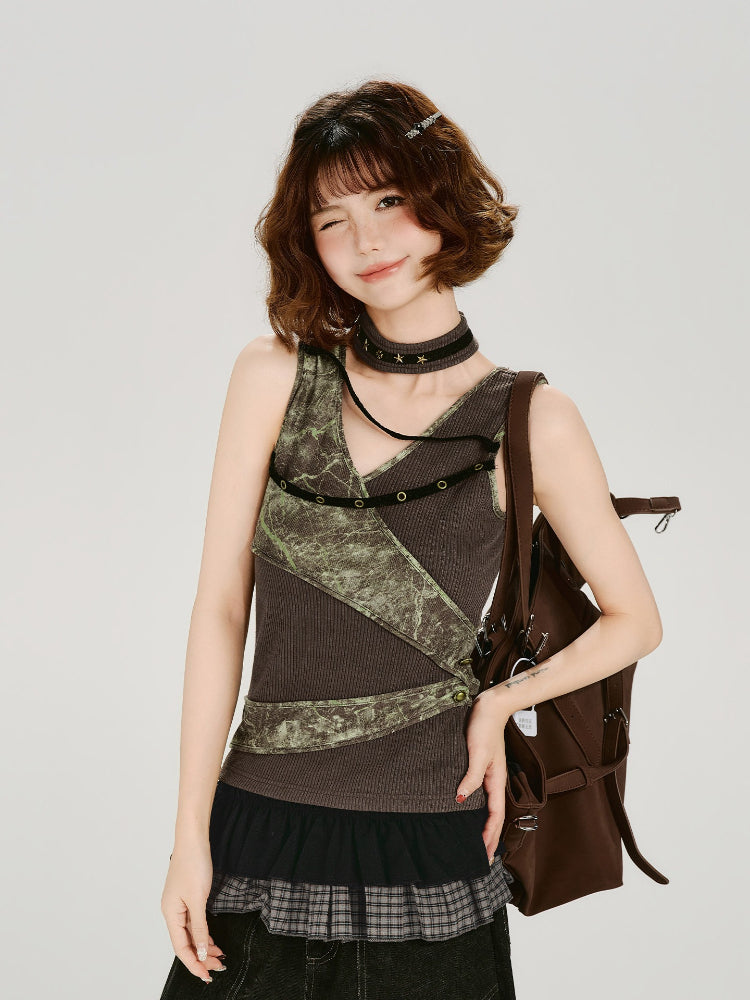 Vintage Grunge Tie-Dye Patchwork Tank Top Brown