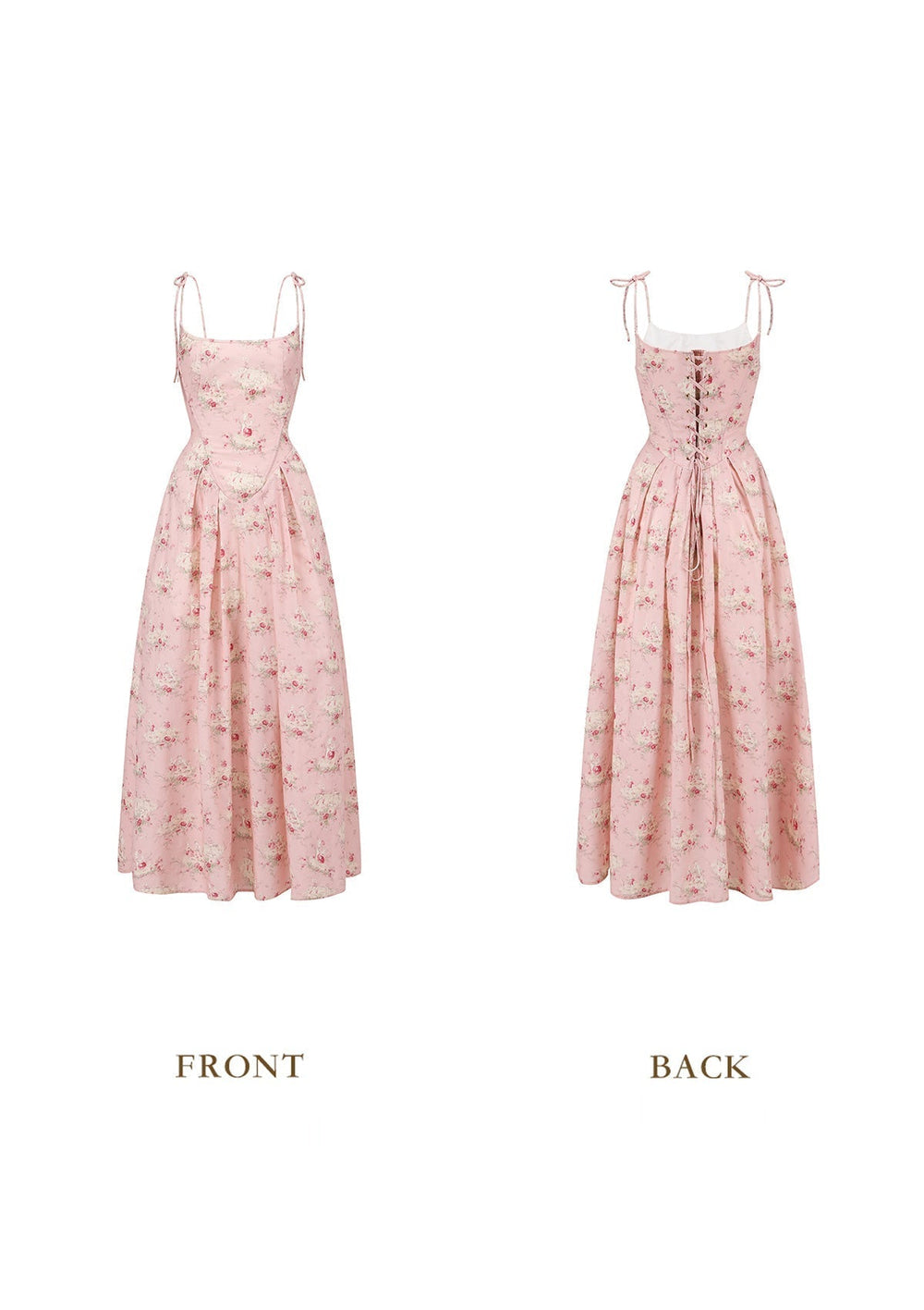 Front view of a pink floral print midi dress with a square neckline and tie straps