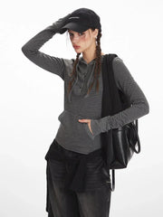 Y2K Grunge Striped Hooded Henley Top - TEVQA