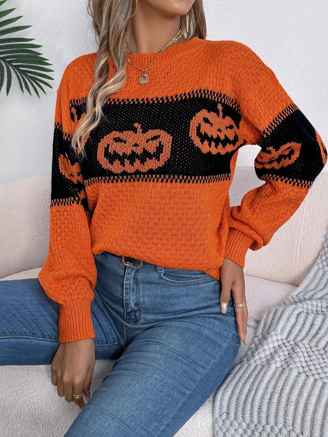 Festive Pumpkin Patch Knit Sweater - View 6 | TEVQA