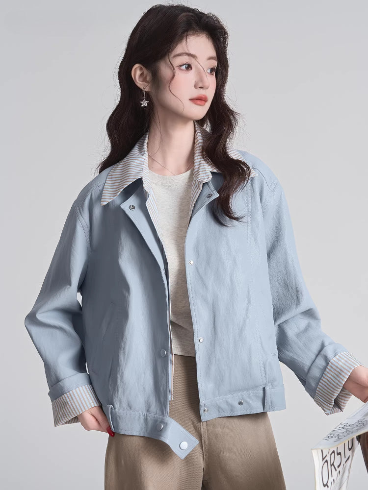 Layered Look Faux Leather Jacket Light Blue