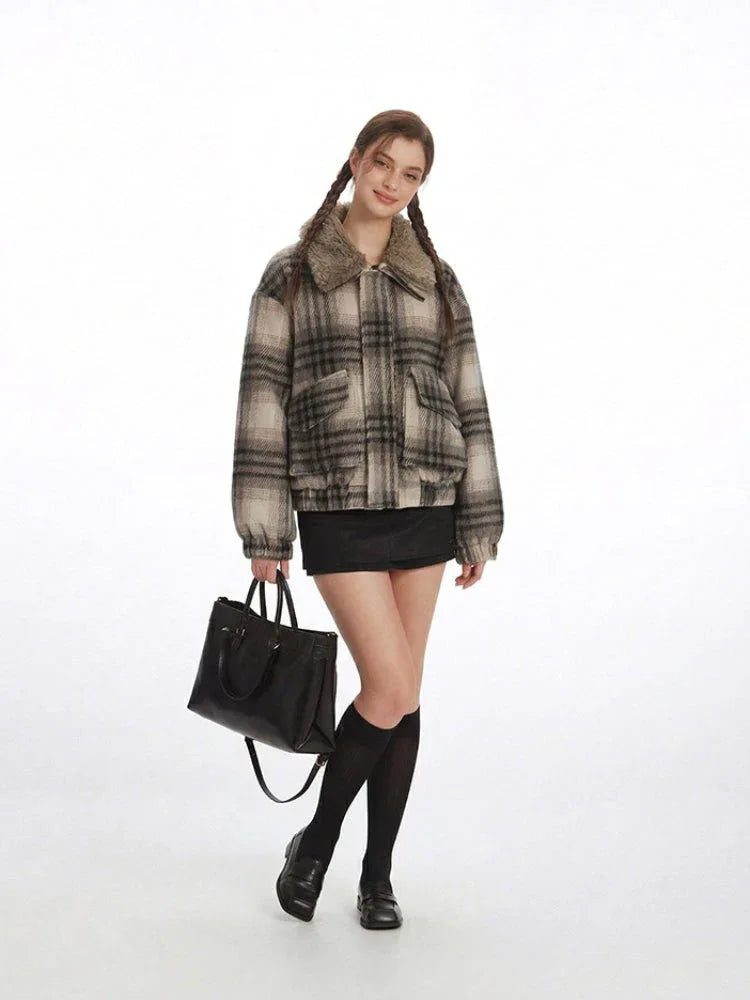 Vintage Plaid Faux Shearling Bomber Jacket - TEVQA