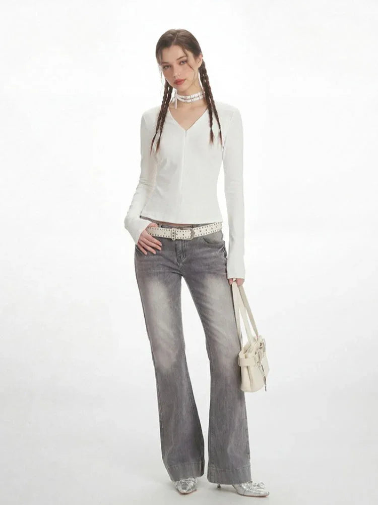 White ribbed V-neck long sleeve top - View 6 | TEVQA