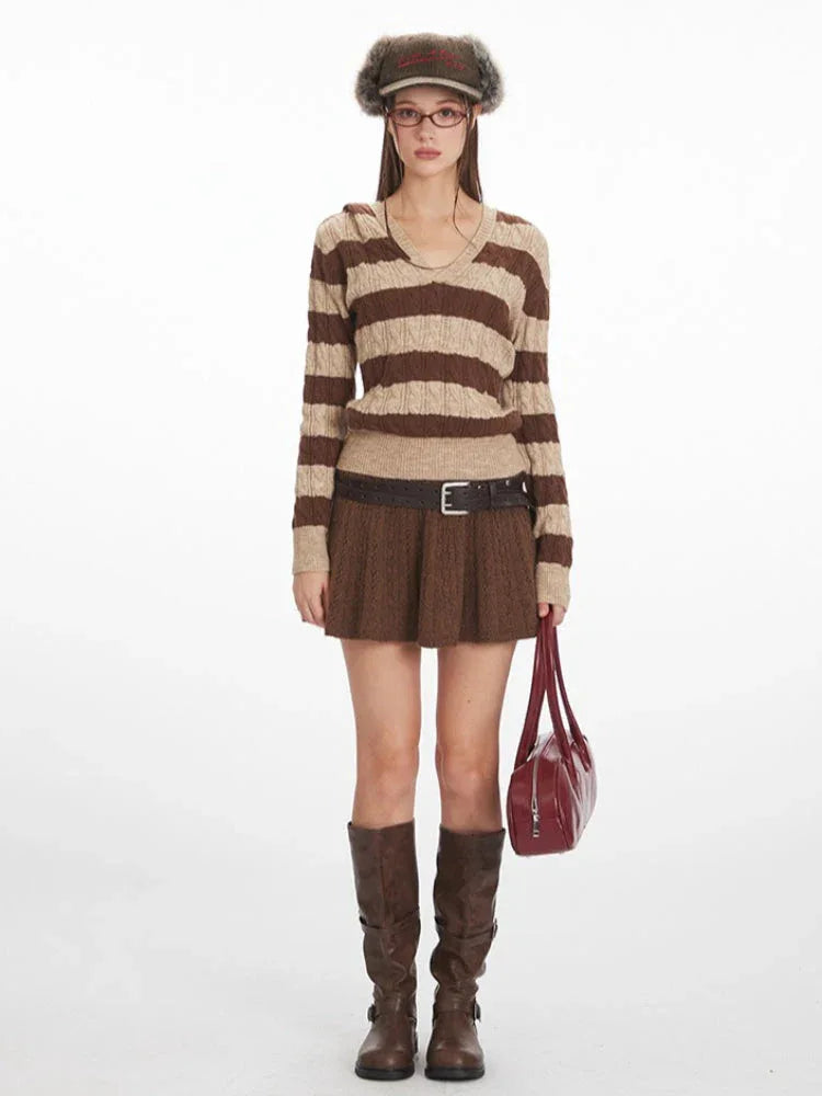 Y2K Brown Striped Hooded Cable Knit Sweater - TEVQA Main image