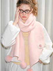 Pink Soft Knitted Scarf with Pom Poms Winter Wrap