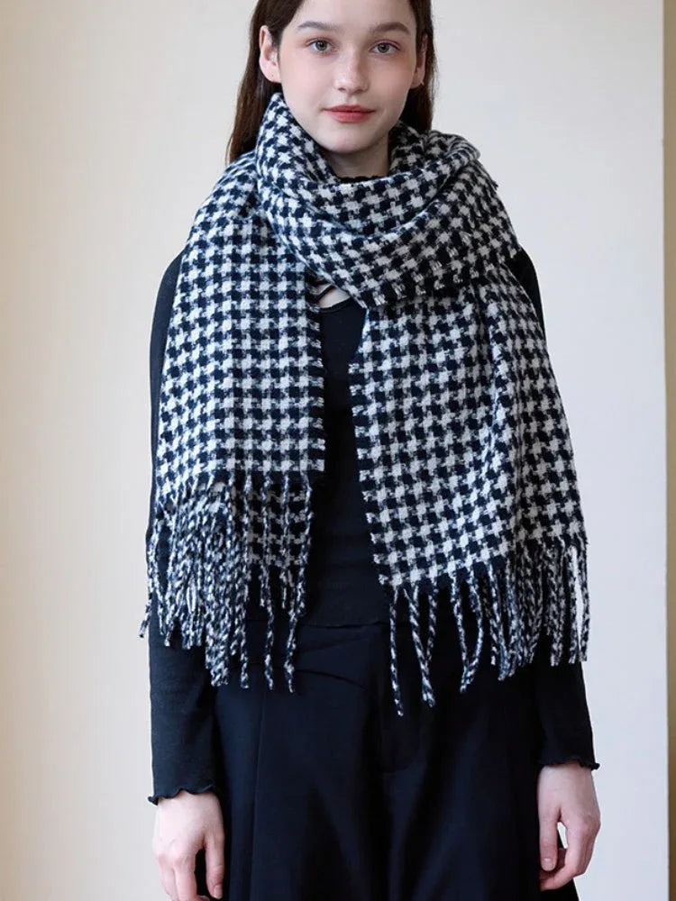 Oversized Faux Cashmere Houndstooth Scarf - TEVQA