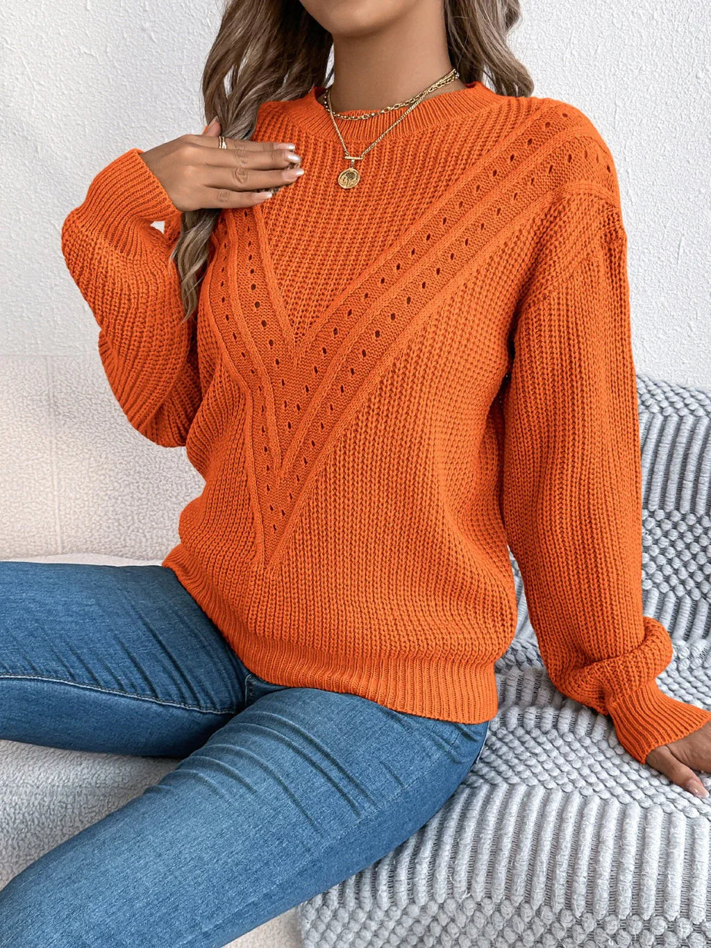 White Pointelle Knit Sweater - TEVQA