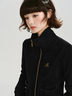 Vintage Stand Collar Zip-Up Sweatshirt with Pockets - Black