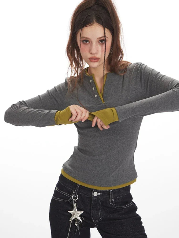Y2K Grunge Faux Layered Henley Top - TEVQA