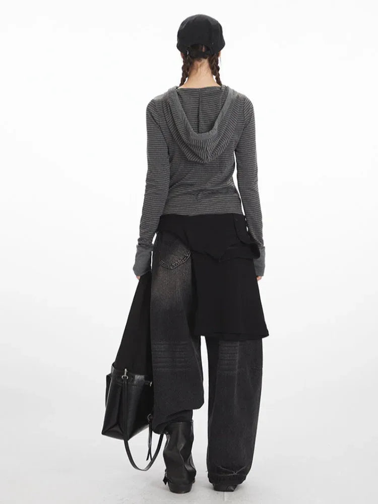 Y2K Grunge Striped Hooded Henley Top - TEVQA
