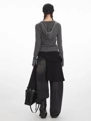 Y2K Grunge Striped Hooded Henley Top - TEVQA