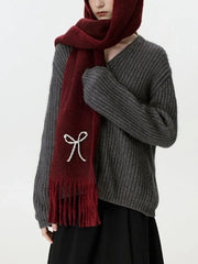 Wool Blend Pearl Bow Scarf - TEVQA