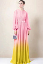 Long sleeve gradient maxi dress with belt - View 8 | TEVQA