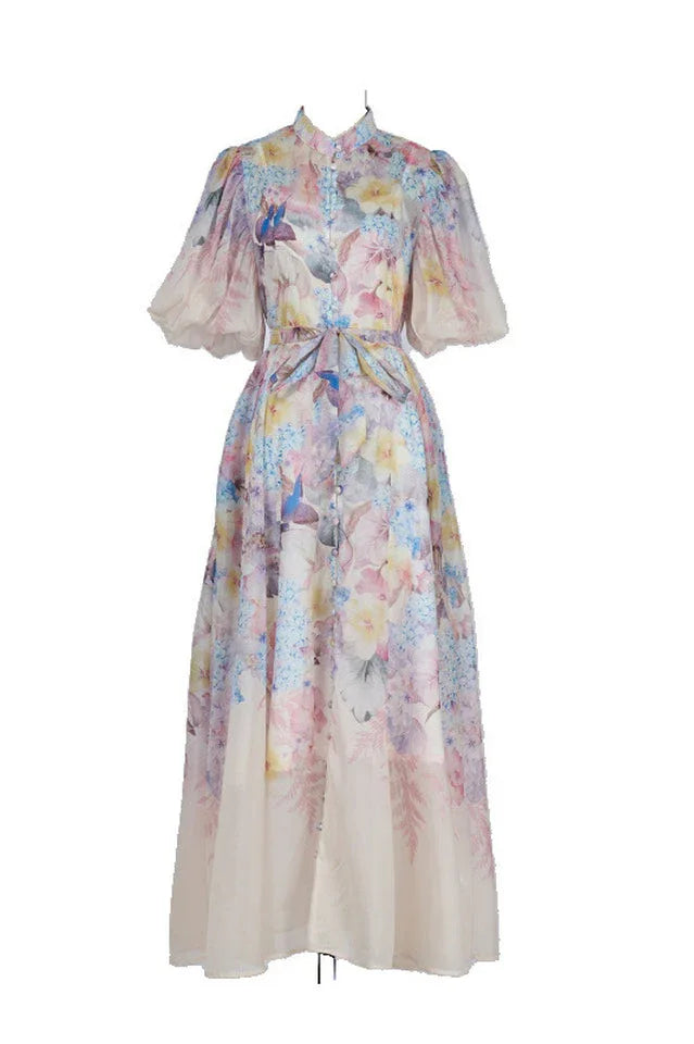 Floral Print Midi Dress with Puff Sleeves - View 9 | TEVQA
