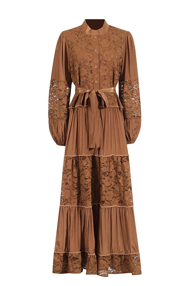 Brown long tiered lace dress with a tie waist Secondary image