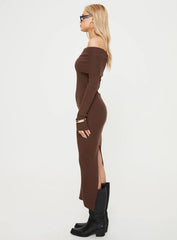 Phylis Chocolate Ribbed Off-Shoulder Knit Maxi Dress - Long Sleeve Bodycon Sweater Gown - TEVQA
