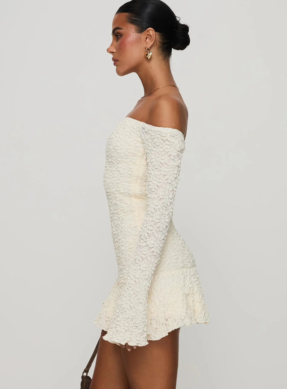 Vancesca Cream Textured Off-Shoulder Mini Dress - Ruffle Hem Long Sleeve Bodycon - TEVQA