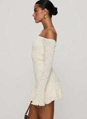 Vancesca Cream Textured Off-Shoulder Mini Dress - Ruffle Hem Long Sleeve Bodycon - TEVQA