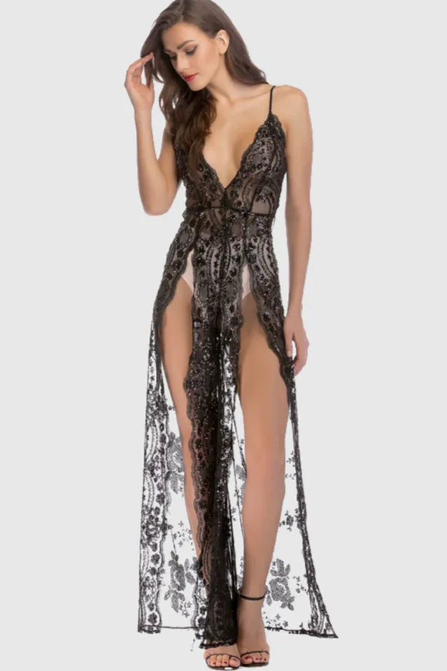 Woman wearing a black sequined lace maxi dress with a plunging neckline and high slits. Main image