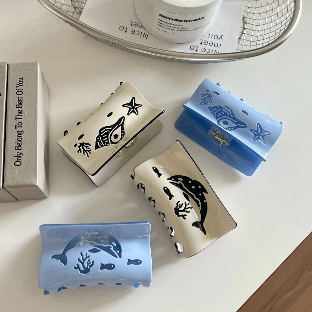 Carved Ocean Acetate Hair Claw Clip - 3.15 Inch Dolphin & Shell