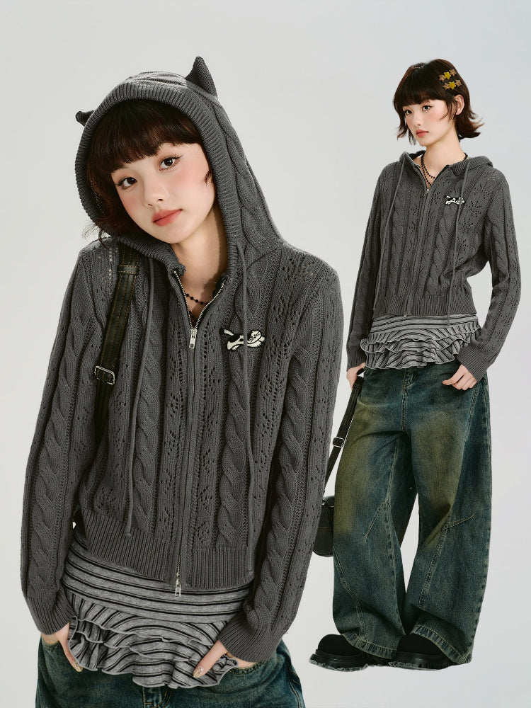 Vintage Cable Knit Hooded Zip-Up Cardigan - Grey