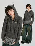 Vintage Cable Knit Hooded Zip-Up Cardigan - Grey
