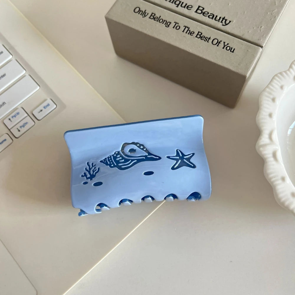 Carved Ocean Acetate Hair Claw Clip - 3.15 Inch Dolphin & Shell