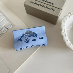 Carved Ocean Acetate Hair Claw Clip - 3.15 Inch Dolphin & Shell