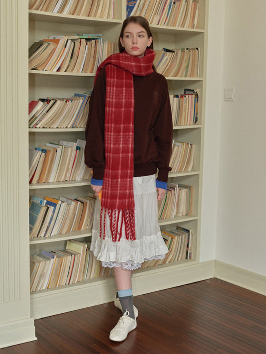 20% New Zealand Wool Blend Red Plaid Brushed Scarf