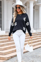 Cream floral knit pullover sweater - View 7 | TEVQA