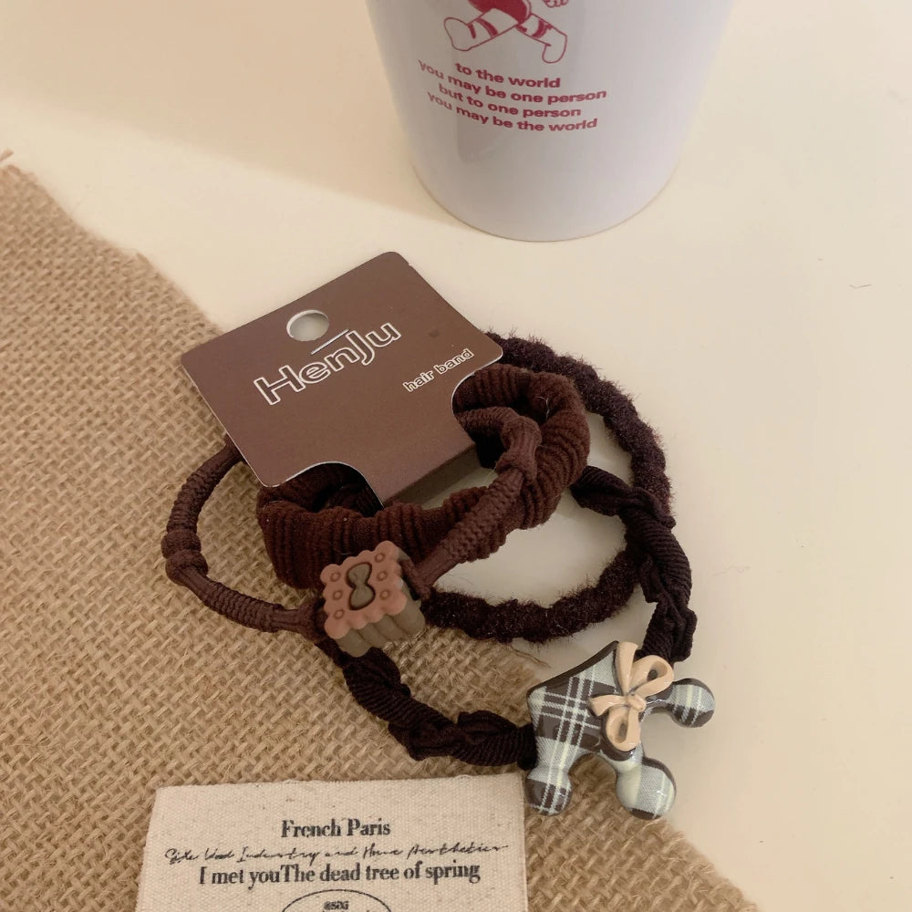 3-Pack Preppy Plaid Hair Tie Set with Bear Charm