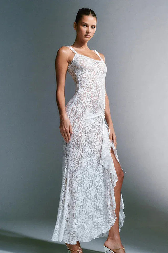 side view of a white lace dress with a thigh-high slit