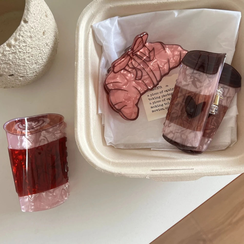 Café Collection Acetate Hair Claw Clip - Coffee Cup & Croissant Styles