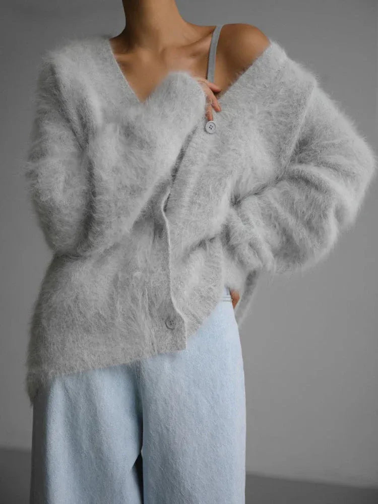 Faux Mink V-Neck Cardigan - View 7 | TEVQA