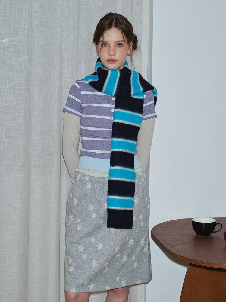 Blue & Navy Striped Fuzzy Knit Neckwarmer