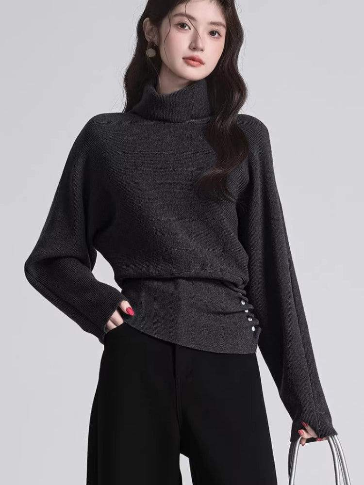Dark grey high neck knit sweater with side buttons - View 6 | TEVQA