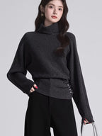 Dark grey high neck knit sweater with side buttons - View 6 | TEVQA